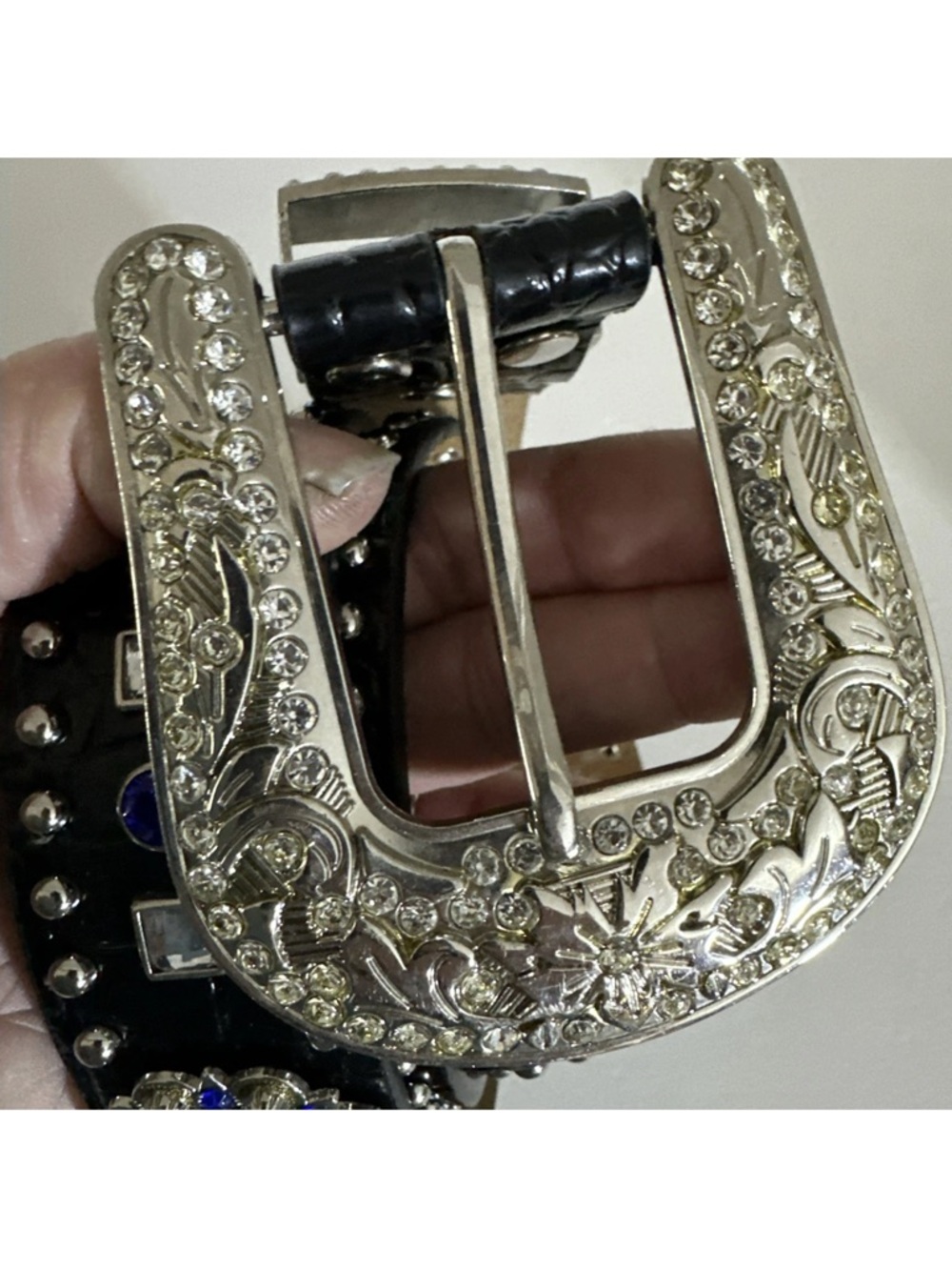 NOCONA RHINESTONE BELT BLUE BLACK SILVER MEDIUM - Picture 11 of 12